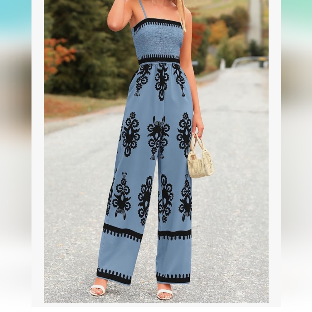 Elegant Blue and Black Patterned Women's Jumpsuit - Picture 6 of 6